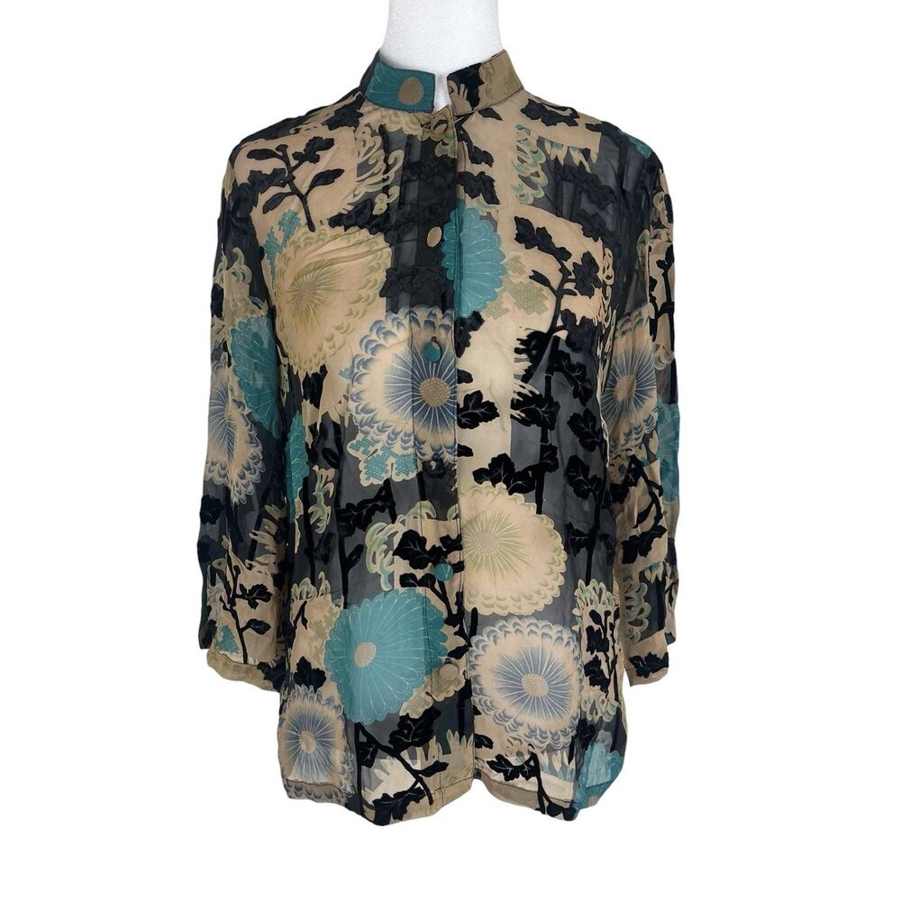 Citron Santa Monica Silk Button Sheer Blouse Asian Inspired Artsy Boho Size XS